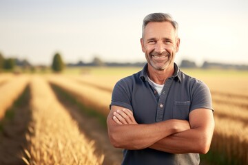 Naklejka na ściany i meble Smiling mature male farmer standing in front of blurred cornfield