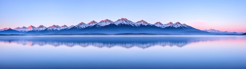 Beautiful picturesque landscape of a mountain range at dawn. The mountain peaks are covered with snow. Generative AI.