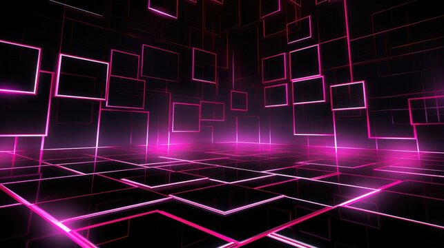 Neon pink and black geometric background. Black Friday Sale, Cyber Monday concept. Abstract modern glowing magenta shapes digital art. Futuristic illustration for wallpaper, website design, poster.