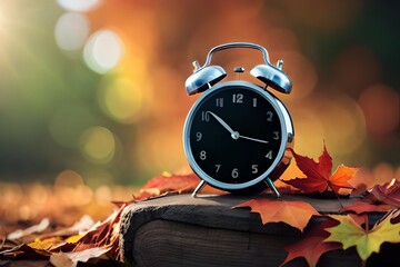 old alarm clock on autumn background
