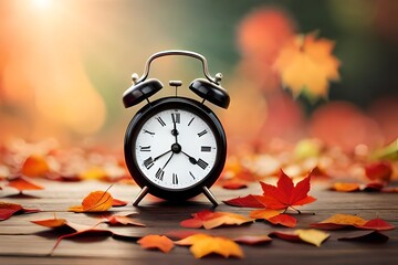 alarm clock on autumn leaves