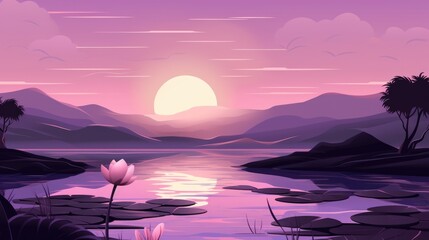 Pink Lotus floating on pond landscape. Nature blooming lake waterlily flowers. Diwali greeting background concept. Festival of lights illustration for banner design, interior poster, card.. - obrazy, fototapety, plakaty