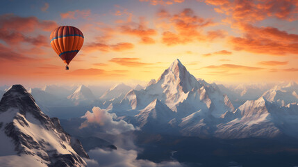 Balloon in in the mountains. Sunrise.