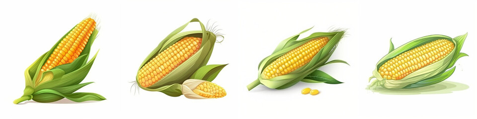 Set of cartoon corn vegetable illustration, isolated on white background