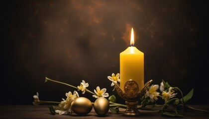 Photo of a beautifully decorated Easter candle with flowers and colorful eggs