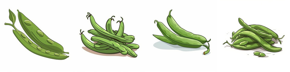 Set of cartoon green bean vegetable illustration, isolated on white background