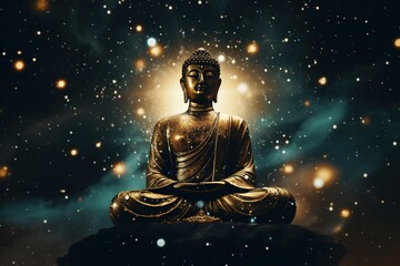 Golden Buddha statue on dark background with stars and space for text.