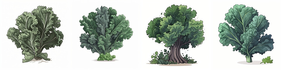 Set of cartoon kale vegetable illustration, isolated on white background - obrazy, fototapety, plakaty