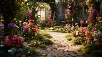 Fototapeta na wymiar A charming and eclectic outdoor garden with meandering paths, and a profusion of vibrant blooms