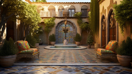 A charming and eclectic outdoor courtyard with mosaic tiles, wrought iron furniture, and a bubbling fountain