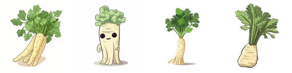 Set of cartoon parsnip vegetable illustration, isolated on white background