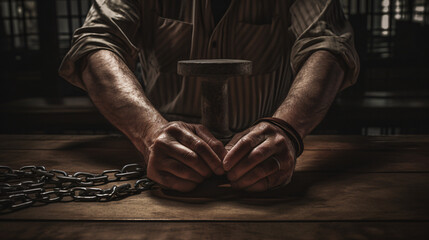 Hands of criminal with handcuffs in the court room - obrazy, fototapety, plakaty