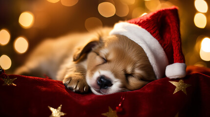 Adorable sleeping puppy with Santa Hat sleep on christmass gifts at the bokeh background, copy space - obrazy, fototapety, plakaty