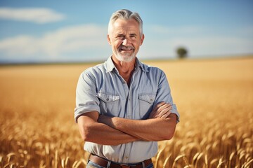 Smiling mature male farmer standing in front of blurred wheat field - obrazy, fototapety, plakaty