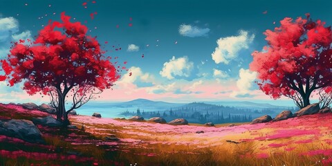 Illustration of Trees with Red Leaves in a Large Grass Field. Beautiful Landscape