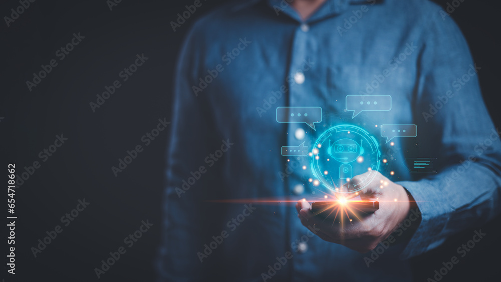 Poster ai tech, businessman using smartphone show virtual graphic of artificial intelligence chatbot as per