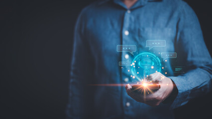 Ai tech, businessman using smartphone show virtual graphic of artificial intelligence chatbot as...