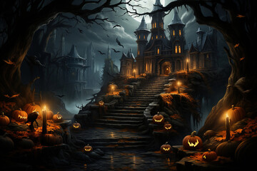 Photo of a spooky Halloween scene with pumpkins on a staircase. Mystic house