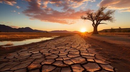 Barren desert field at sunset on a dry land showcasing global warming climate change.