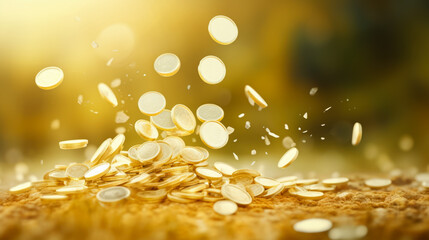 falling gold coins with blurred background - obrazy, fototapety, plakaty