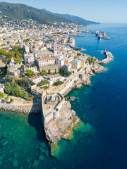 Aerial view of Bastia, its CItadele and its harbour, Corse island, France - 654719082