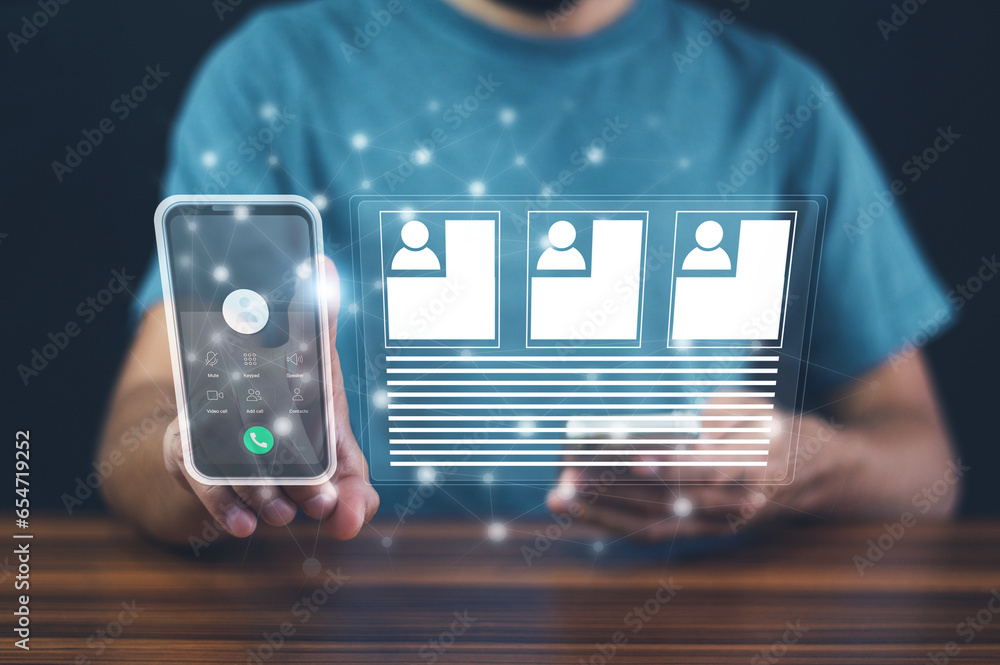 Poster business person using smartphone and working on computer against technology background, ai technolog