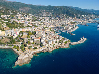 Aerial view of Bastia, its CItadele and its harbour, Corse island, France - 654719401