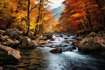 Landscape of a mountain river flowing through a forest in autumn colors