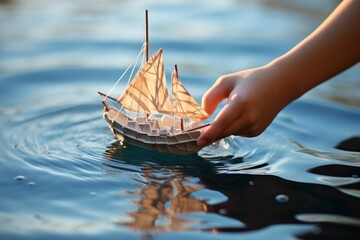 A child's hand launches a toy boat into the water. AI generated - obrazy, fototapety, plakaty