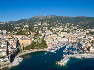 Aerial view of Bastia, its CItadele and its harbour, Corse island, France - 654719491