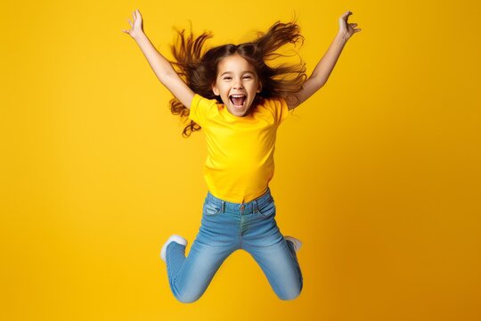 Happy jumping kid girl on a bright studio background. AI generated