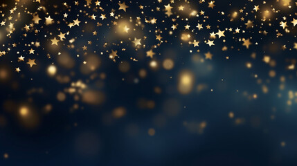 Abstract background with gold stars, particles and sparkling on navy blue. Christmas Golden light shine particles bokeh on navy blue background. 2024 New year background. Gold foil texture - obrazy, fototapety, plakaty