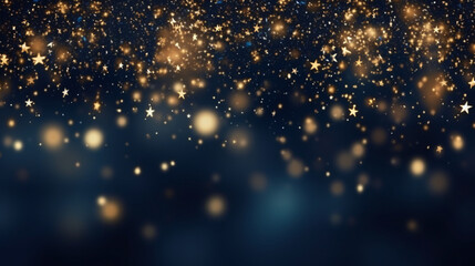 Abstract background with gold stars, particles and sparkling on navy blue. Christmas Golden light shine particles bokeh on navy blue background. 2024 New year background. Gold foil texture