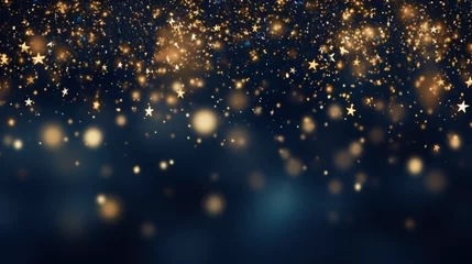 Rolgordijnen Abstract background with gold stars, particles and sparkling on navy blue. Christmas Golden light shine particles bokeh on navy blue background. 2024 New year background. Gold foil texture © Karol