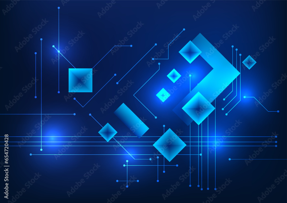 Poster abstract technology background uses square geometric shapes along with circuit lines connecting tech