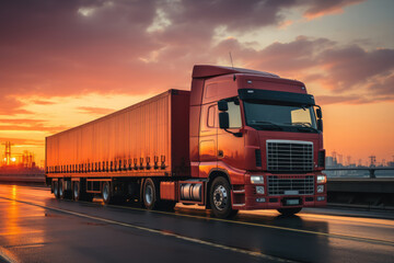 Transport industry of container cargo , Container Truck run on highway road at sunset background