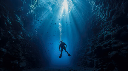 Scuba diving in deep blue sea with sunlight - obrazy, fototapety, plakaty