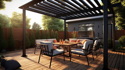 Pergola, Awning, Roof, Dining Table, Seats, and Metal Grill - obrazy, fototapety, plakaty