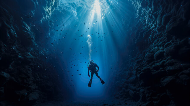 Scuba diving in deep blue sea with sunlight