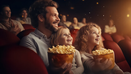 family enjoying popcorn in cinema - obrazy, fototapety, plakaty