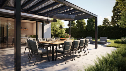 Pergola, Awning, Roof, Dining Table, Seats, and Metal Grill - obrazy, fototapety, plakaty