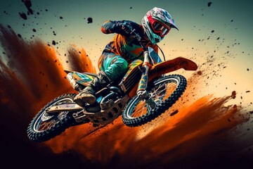 Dirt bike rider doing a big jump. Supercross, motocross, high speed. Sport concept. Digital art,...
