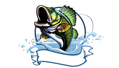 Fishing bass logo. Bass fish with rod club emblem. Fishing theme illustration. Fish Isolated on white.