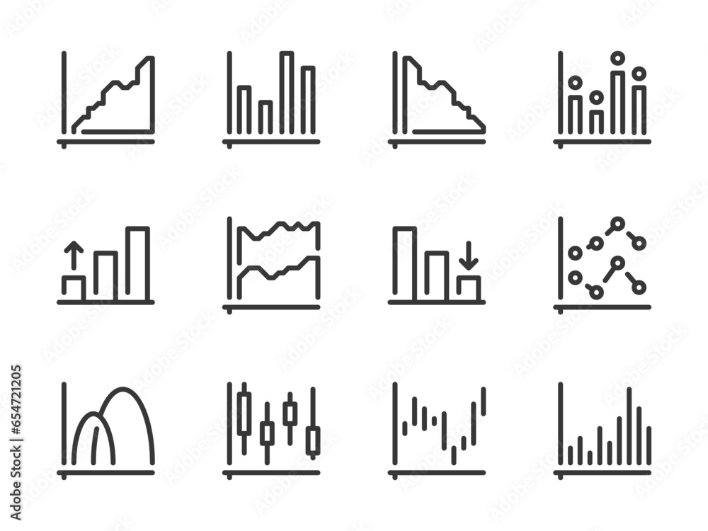 Poster graph and chart vector line icons. graphical data report outline icon set. dot plot, statistics, gra