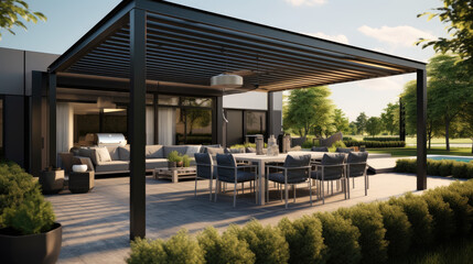 Fototapeta na wymiar Pergola, Awning, Roof, Dining Table, Seats, and Metal Grill