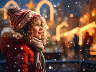 A side profile of girl child standing next to a Christmas tree in the city, snow in the city square, christmas market, winter season, happy holidays - obrazy, fototapety, plakaty