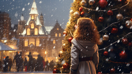 Fototapeta na wymiar A side profile of girl child standing next to a Christmas tree in the city, snow in the city square, christmas market, winter season, happy holidays