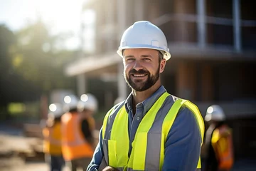 Poster Worker man in safety helmet smiling in front of building under construction © boxstock production