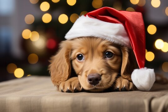 This joyful image showcases an adorable puppy in a Santa hat, brimming with holiday cheer and playfulness. - created with AI technology