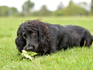 A cute black working cocker spaniel is leaning over a shredded piece of tennis ball protectively...